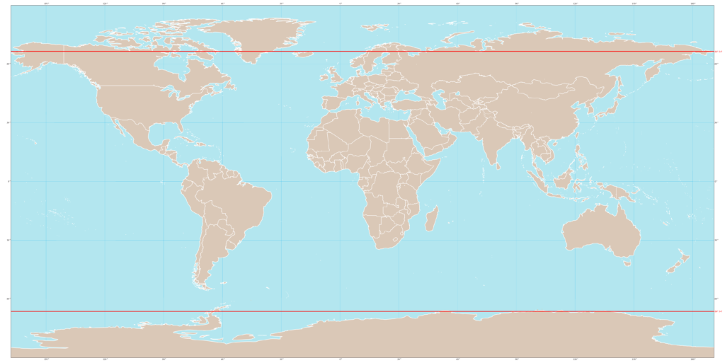 Mapa del mundo con el límite de los círculos polares ártico y antártico. Fuente: Thisevenseas en Wikimedia Commons.